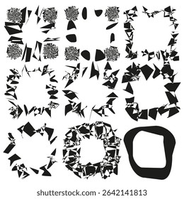 Abstract square fragments. Chaotic element pattern. Grunge broken pieces. Vector debris illustration.