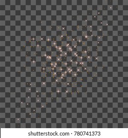 Abstract square frame with glowing lights and gold sparkles on transparent background. Vector.