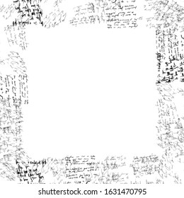 Abstract Square Frame Made Of Words. Handwritten Font Border. Black Ink On Paper. Love Letter. Illegible Words, Diary Lines. Novel, Manuscript