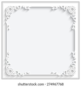 Abstract square frame with paper swirls, white ornamental vector background, eps10