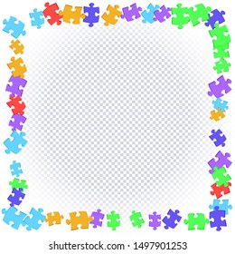 Abstract square frame of scattered colored puzzles on transparent background. Vector illustration
