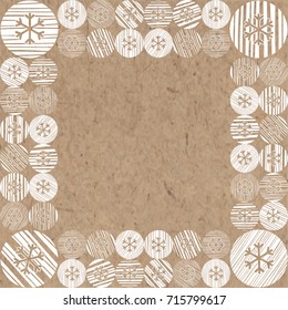 Abstract square frame with snowflakes on kraft paper with space for text. Perfect for invitations, greeting cards for New Year and Christmas.