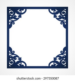 Abstract square frame with swirls, vector ornament, vintage blue frame with shadow. Suitable for lasercutting. Laser cut vector frame. Lazercut frame. Silhouette cameo.