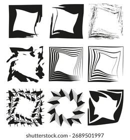 Abstract square frames. Chaotic line borders. Distorted shape elements. Vector grunge texture. EPS 10.