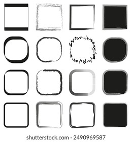 Abstract square frames. Diverse black outlines. Rounded and rough edges. Vector design elements.