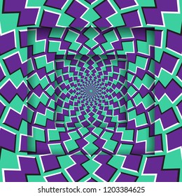 Abstract square frames with a moving circular purple green pattern. Optical illusion background.