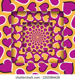 Abstract square frames with a moving circular hearts pattern. Optical illusion background.