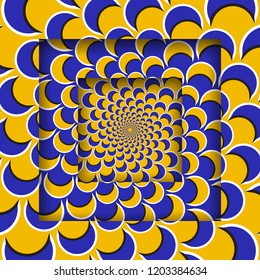Abstract square frames with a moving circular yellow blue crescent pattern. Optical illusion background.