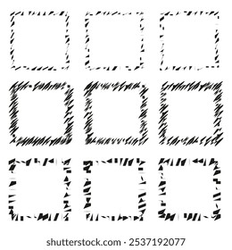 Abstract square frames. Nine rough edges square designs. Geometric frame concept. Hand-drawn vector shapes.