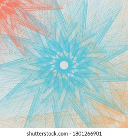 Abstrakter quadratischer geometrischer Hintergrund mit ungewöhnlichen, miteinander verflochtenen Blumen, Sternen, Strahlen. Design-Layout für Poster, Web, Karte, Booklet oder andere. Vektorgrafik.