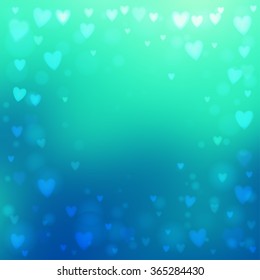 Abstract square green and blue background with small heart-shaped lights over it.