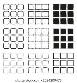 Abstract square grid icons. Geometric frame variations. Black and white vector designs. Minimalist elements.