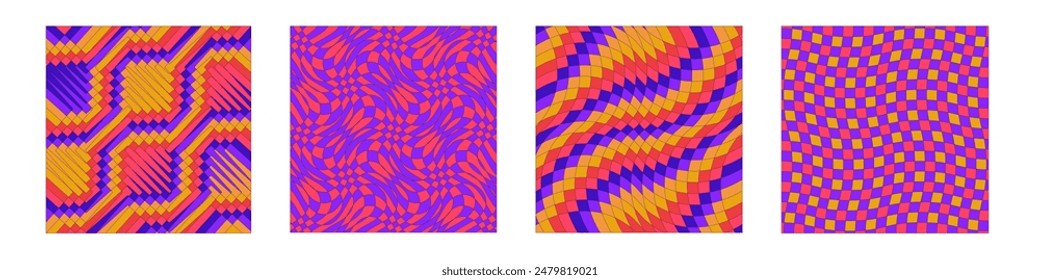 Abstract square groovy background set. Collection of wavy geometric shapes texture hippie style 70s
