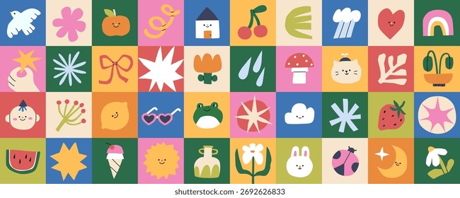 Abstract square icons pattern design. Cute kawaii elements in colorful geometric grid, summer composition with cat, flower, fruit, rainbow and heart in modern style. Colored flat vector illustration.