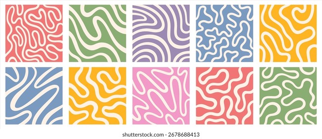 Ilustrações quadradas abstratas definidas. Linhas líquidas trançadas, fluido curvo ondulado enrolamento orgânico listras balançando labirinto fundos, desenhado à mão doodle linha irregular. Enfeites funky, coleção de padrões groovy