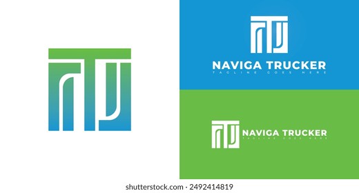 Abstract square initial letter NT or TN in blue-green color isolated on multiple background colors. The logo is suitable for trucking management app logo design inspiration templates.