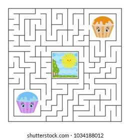 Abstract square isolated labyrinth. Black color on a white background. With lovely cartoons. An interesting game for children and adults. Simple flat vector illustration.