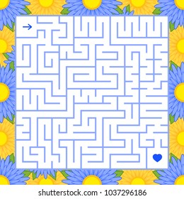 Abstract square isolated labyrinth. Blue color on a white background with a floral frame. An interesting game for children and adults. Simple flat vector illustration.