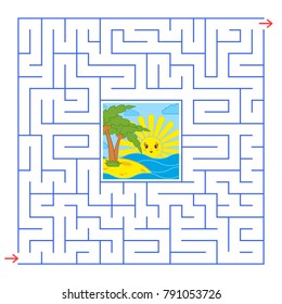 Abstract square isolated labyrinth. Of blue color. An interesting and useful game for children. Simple flat vector illustration. With a cartoon picture in the center, depicting palm trees and sunrise.