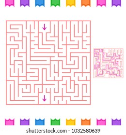 Abstract square isolated labyrinth. Red color on a white background. An interesting game for children and adults. Simple flat vector illustration. With the answer.