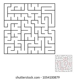 Abstract square labyrinth with a black stroke. An interesting game for children and adults. Simple flat vector illustration isolated on white background. With the answer.
