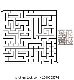 Abstract square labyrinth with a black stroke. An interesting game for children and adults. Simple flat vector illustration isolated on white background. With the answer.
