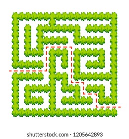 Abstract square labyrinth - green garden. Game for kids. Puzzle for children. One entrance, one exit. Labyrinth conundrum. Vector illustration. With answer.