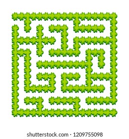 Abstract square labyrinth - green garden, shrubs. Game for kids. Puzzle for children. One entrance, one exit. Labyrinth conundrum. Vector illustration.