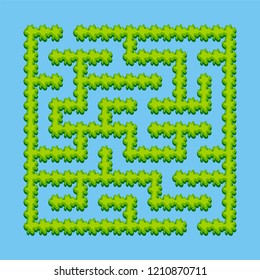 Abstract square labyrinth - green garden, shrubs. Game for kids. Puzzle for children. One entrance, one exit. Labyrinth conundrum. Vector illustration.