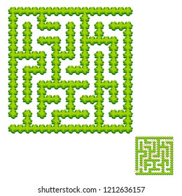 Abstract square labyrinth - green garden. Game for kids. Puzzle for children. One entrance, one exit. Labyrinth conundrum. Vector illustration. With answer.