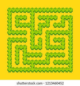 Abstract square labyrinth - green garden, shrubs. Game for kids. Puzzle for children. One entrance, one exit. Labyrinth conundrum. Vector illustration.