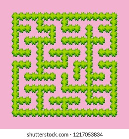 Abstract square labyrinth - green garden, shrubs. Game for kids. Puzzle for children. One entrance, one exit. Labyrinth conundrum. Vector illustration.