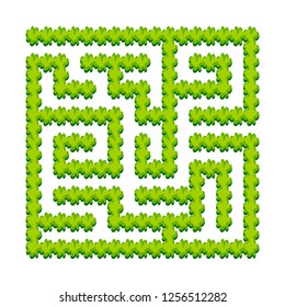 Abstract square labyrinth - green garden, shrubs. Game for kids. Puzzle for children. One entrance, one exit. Labyrinth conundrum. Vector illustration.