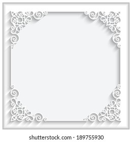 Abstract square lace frame with paper swirls, vector ornamental background, eps10