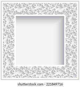 Abstract square lace frame with paper swirls, vector ornamental background, eps10