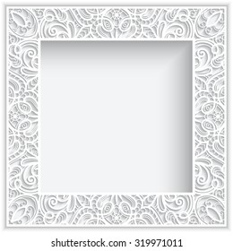 Abstract square lace frame with paper swirls, white frame, white ornamental vector background, eps10