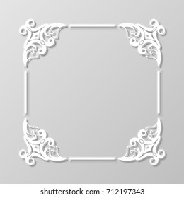 Abstract square lace frame with paper swirls, vector ornamental background, eps10