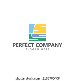 Abstract square logo picturing flat cliff and ocean. Suitable for company, tourism, traveling, brand, personal, art, event, product, and organization.