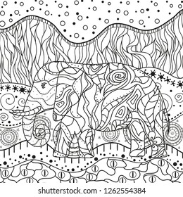 Abstract square mandala. Hand drawn elephant with patterns on isolation background. Design for spiritual relaxation for adults. Black and white illustration for coloring
