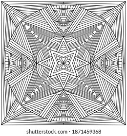 abstract square mandala with linear ornaments drawn on a white background for coloring, vector, mandala