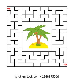 Abstract square maze with a color picture. Island with a palm tree. An interesting and useful game for children. Simple flat vector illustration isolated on white background