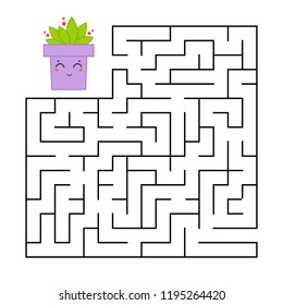 Abstract square maze with a cute color cartoon character. Flower pot. An interesting and useful game for children. Simple flat vector illustration isolated on white background