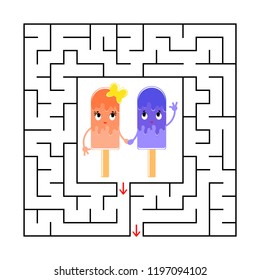 Abstract square maze with a cute color cartoon character. Funny ice cream. An interesting and useful game for children. Simple flat vector illustration isolated on white background