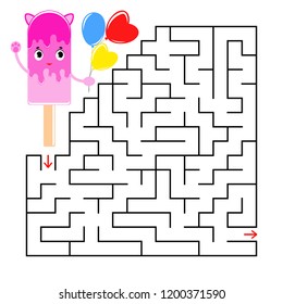 Abstract square maze with a cute color cartoon character. Funny ice cream. An interesting and useful game for children. Simple flat vector illustration isolated on white background