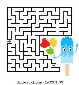 Abstract square maze with a cute color cartoon character. Funny ice cream. An interesting and useful game for children. Simple flat vector illustration isolated on white background