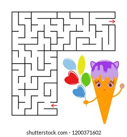 Abstract square maze with a cute color cartoon character. Funny ice cream. An interesting and useful game for children. Simple flat vector illustration isolated on white background