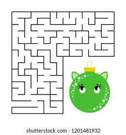 Abstract square maze with a cute color cartoon character. Beautiful Christmas balls. An interesting and useful game for children. Simple flat vector illustration isolated on white background