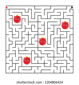 Abstract square maze with a cute color cartoon character. Beautiful Christmas balls. An interesting and useful game for children. Simple flat vector illustration isolated on white background