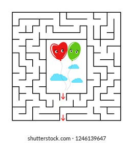 Abstract square maze with a cute color cartoon character. Flying colored balloons. An interesting and useful game for children. Simple flat vector illustration isolated on white background