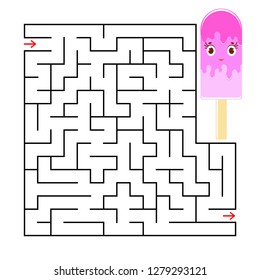 Abstract square maze with a cute color cartoon character. Funny ice cream. An interesting and useful game for children. Simple flat vector illustration isolated on white background